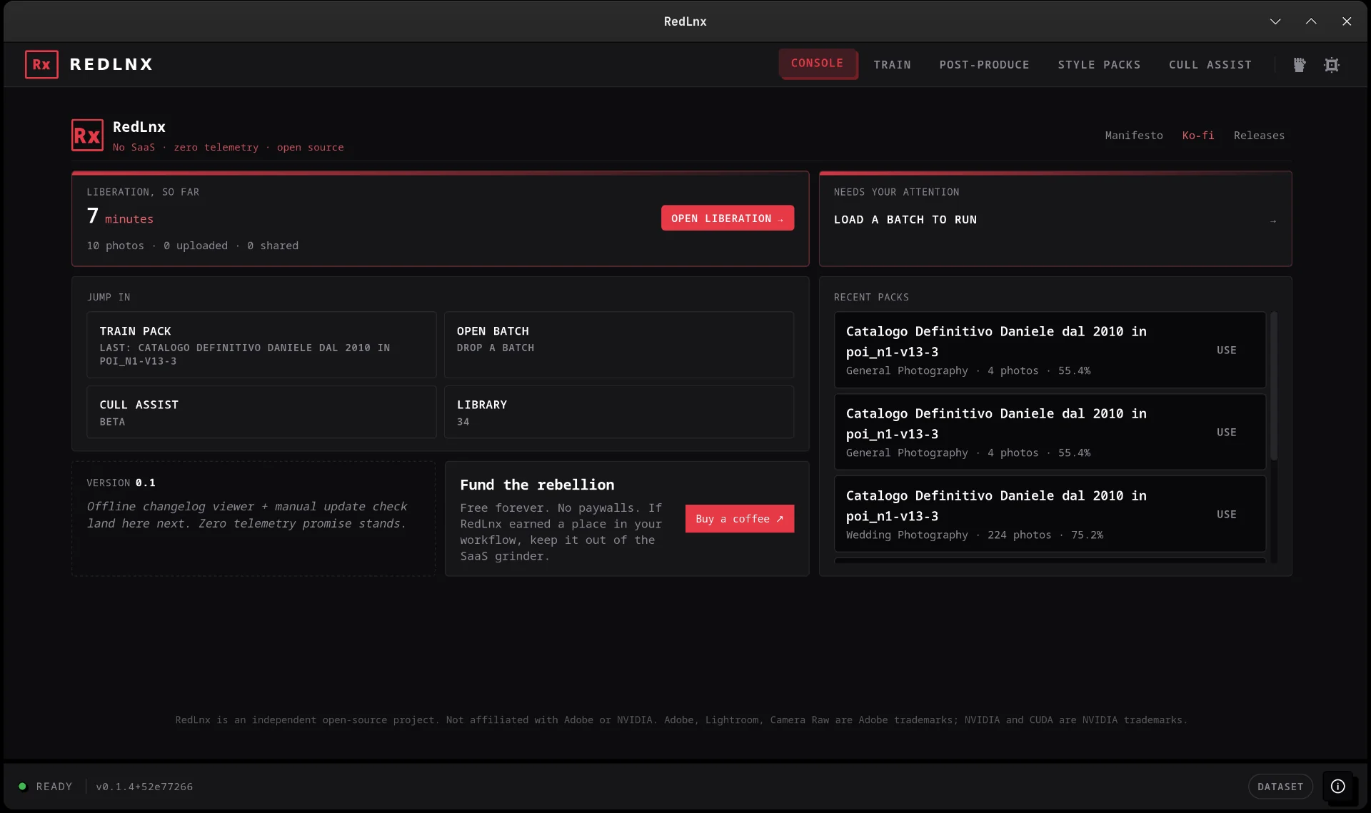 RedLnx Console: home overview with Liberation counter, jump-in actions, and recent packs.