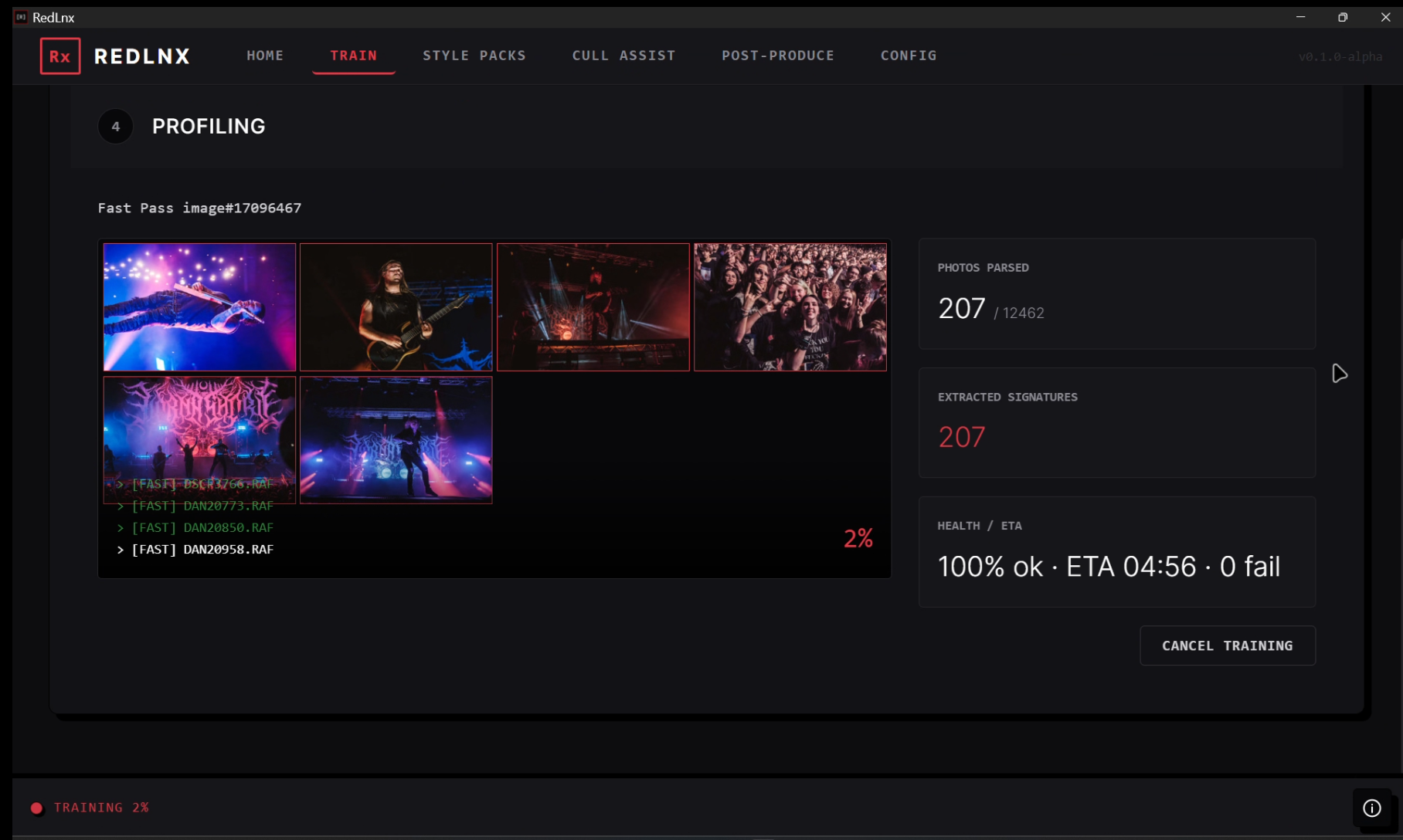 RedLnx training interface showing style pack creation from Lightroom edits.