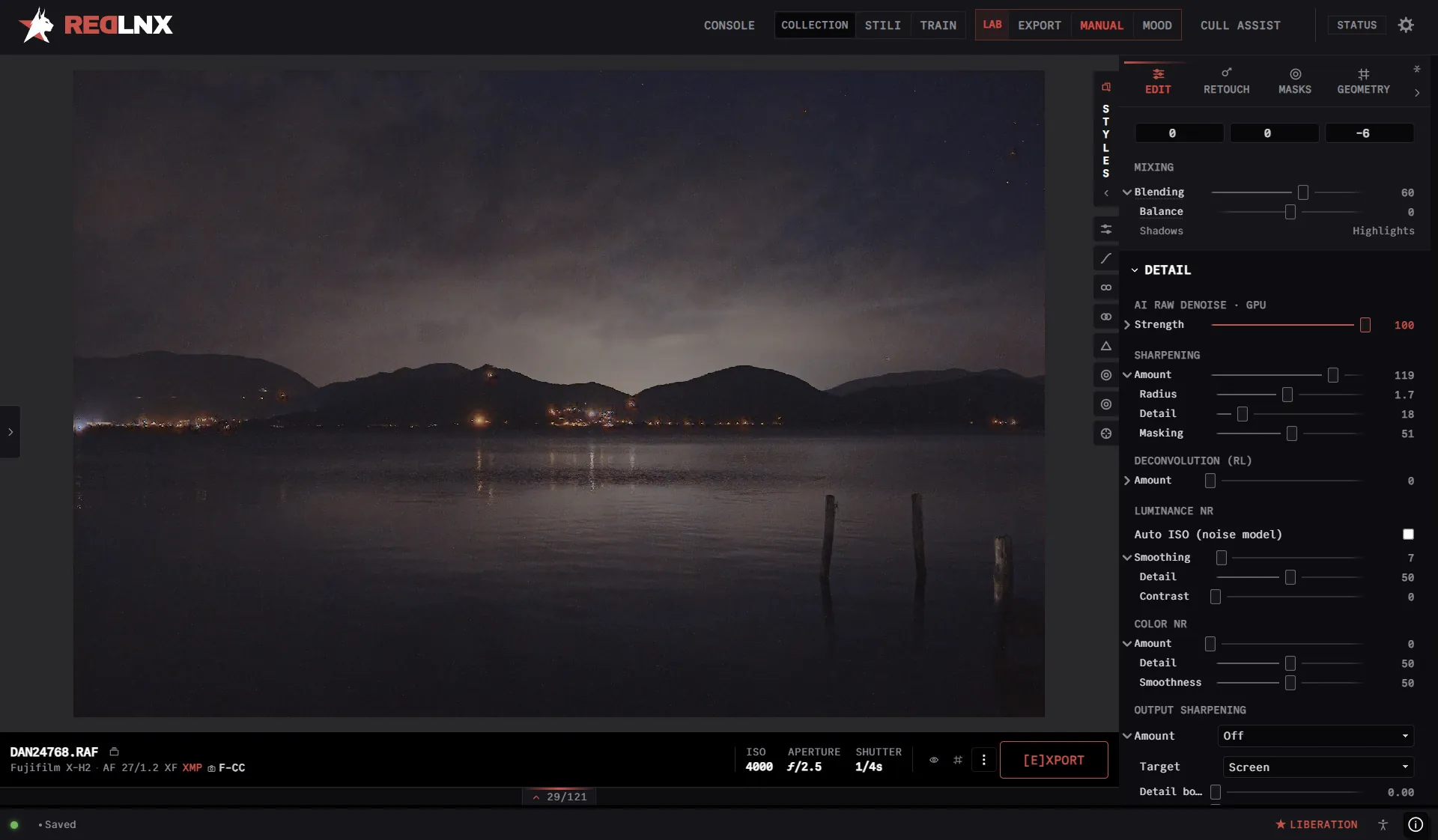 Lake and mountains at night, shot at ISO 4000, with AI noise reduction enabled