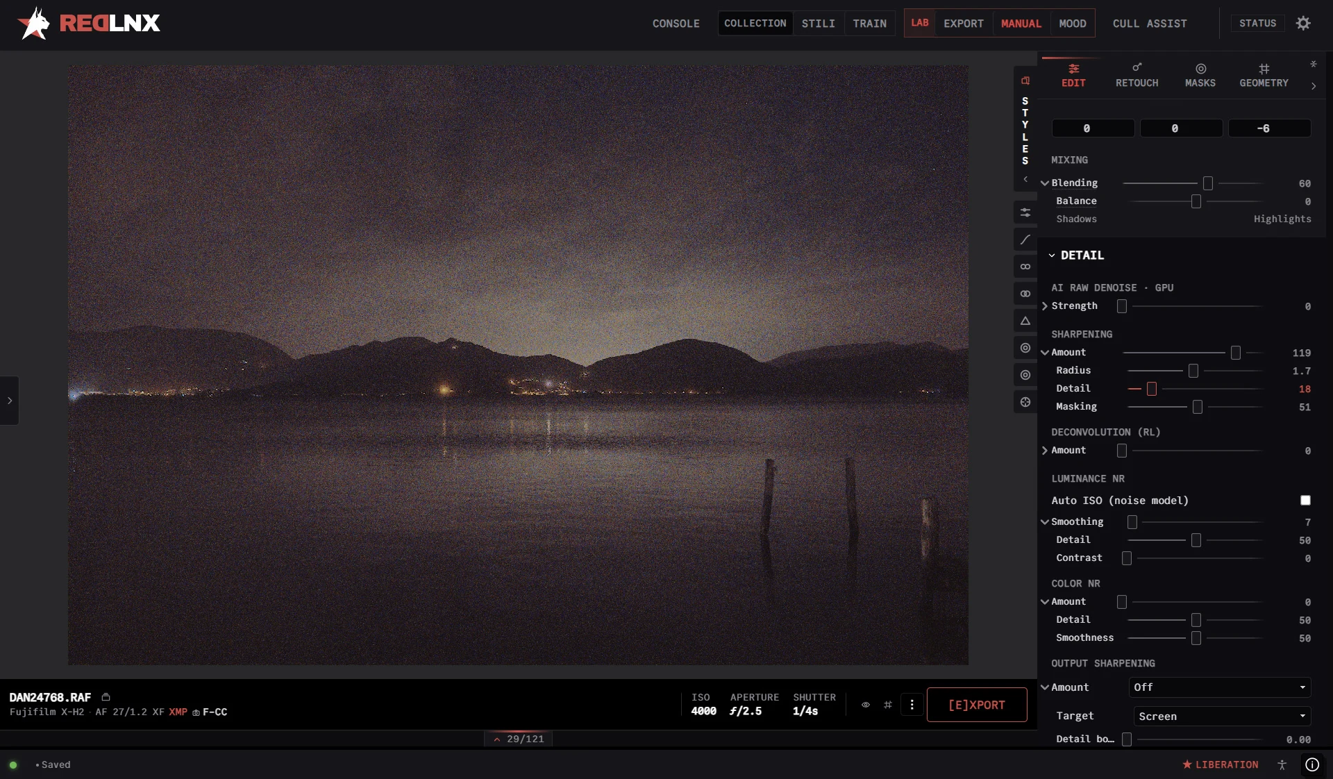 The same night landscape without noise reduction